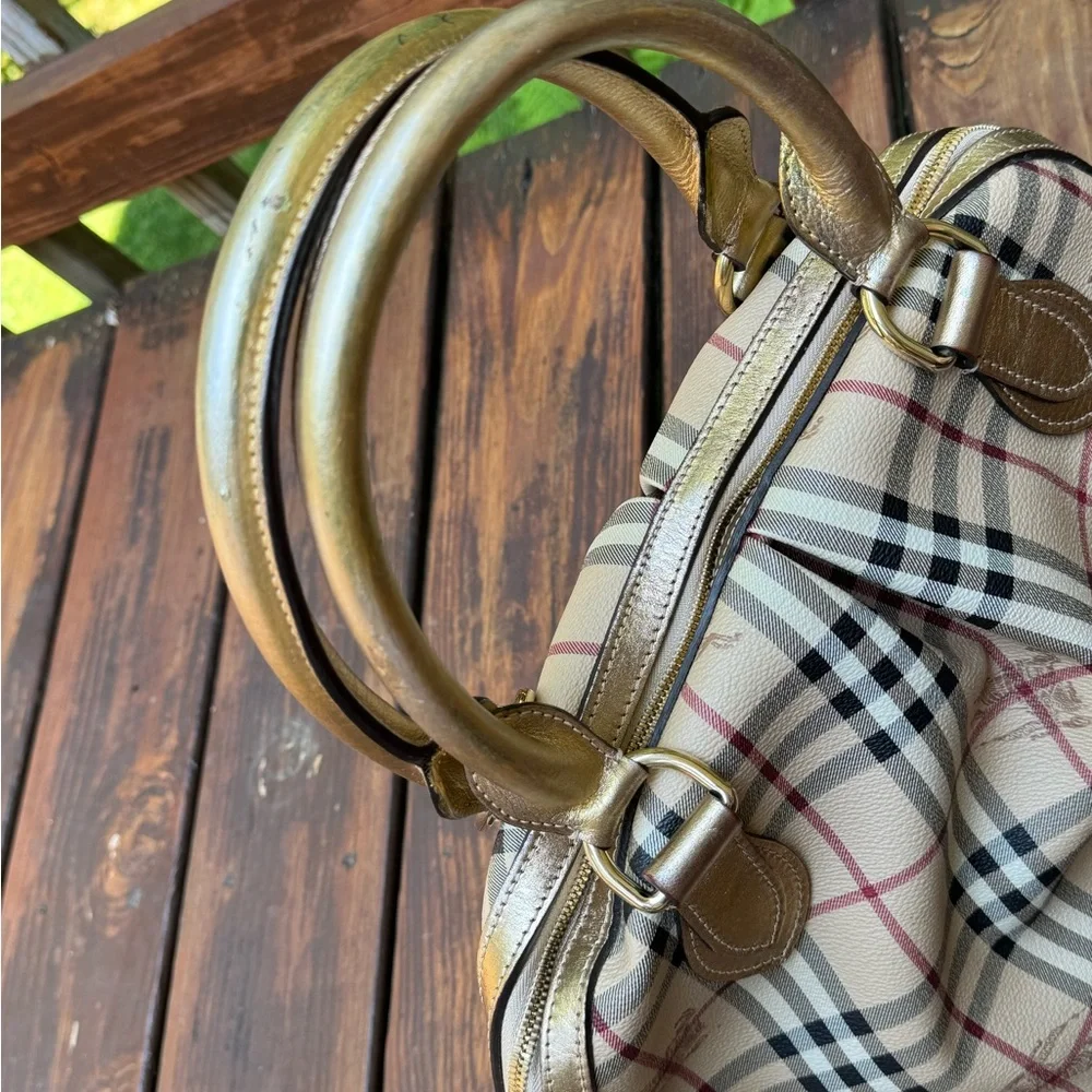 Burberry Haymarket Check Pattern Metallic Handle Thornley Satchel Bowling Bag - Picture 4 of 16